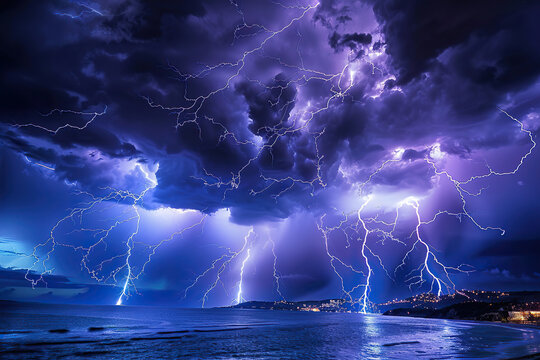 Generative ai on theme of scary bright electric lightning bolt with branches in the night dark sky