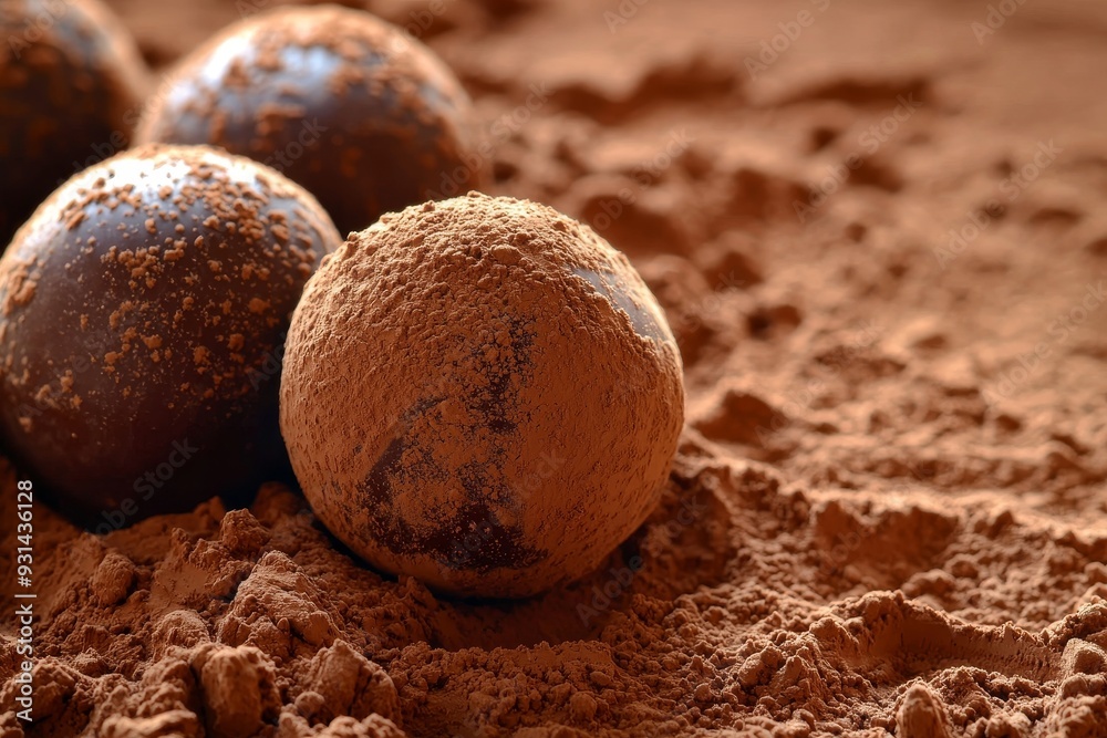 Poster chocolate truffles on dark background covered in cocoa powder and chocolate shavings