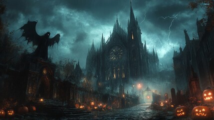 Gothic cathedral with jack-o'-lanterns and lightning

