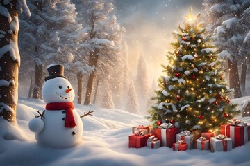 Obraz premium Peaceful and serene Christmas scene with a decorated Christmas tree with gifts presents and a cute snowman in a snowy forest