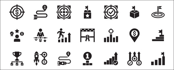 Target icon set. Goals and achievement icons set. Business and management icon. Vector stock illustration solid flat style. Contains symbols of rocket, businessman, podium, trophy and reward.