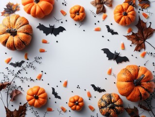 Halloween Festive Border with Pumpkins and Bats on White Background