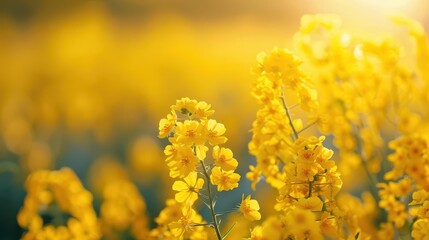 Obraz premium A breathtaking view of vibrant yellow flowers blooming in a golden field under soft sunlight.