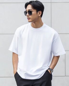 A handsome young model wearing blank tshirt for mockup template