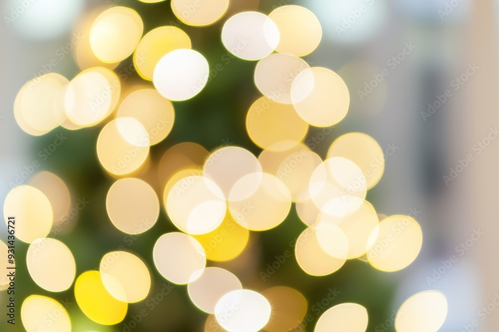 Poster light from christmas tree bokeh in green, yellow, and gold, with an abstract background and blurred 