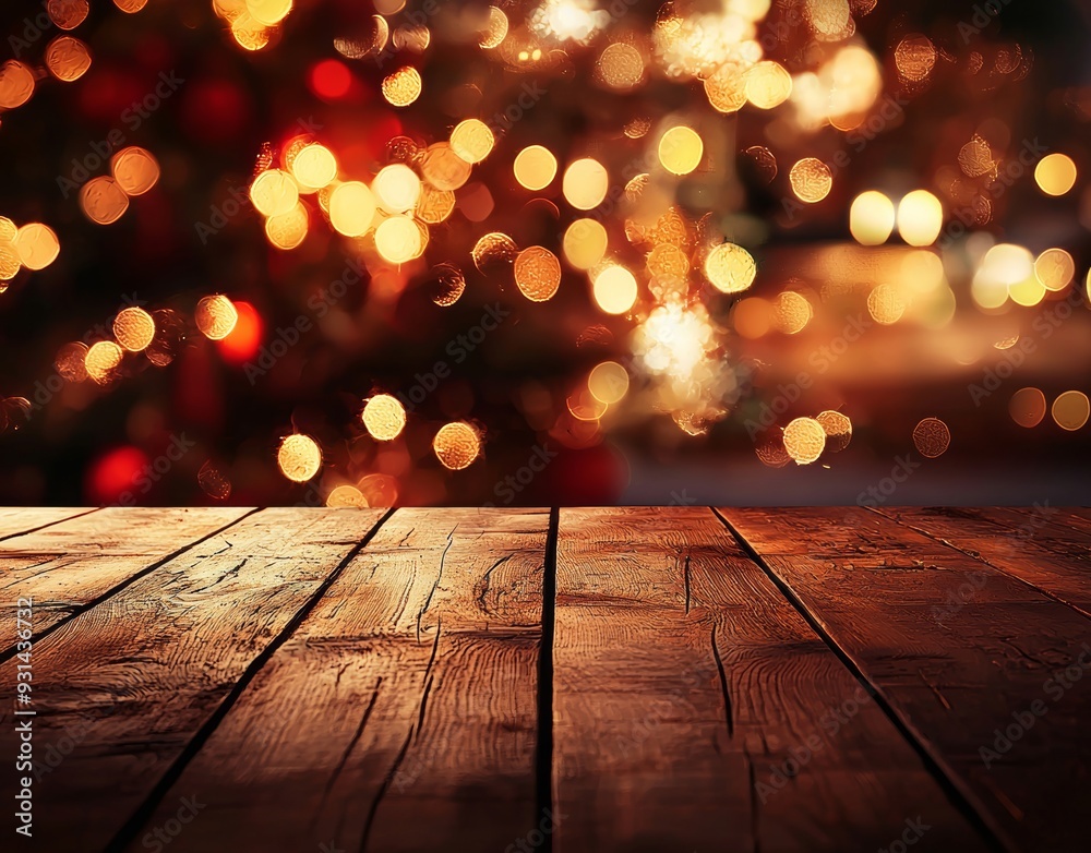 Aufkleber it can be used to display or montage your products with the wood tabletop on a shiny bokeh gold back