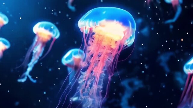 Polymorphic in the form of flying jellyfish in the cyberpunk style. Video generative AI