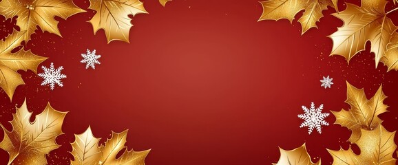 Obraz premium An illustration for Christmas and New Year cards, banners, with a red background and golden leaves and snowflakes. Top view. 3D illustration.