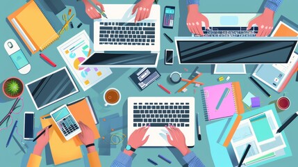 Photo of a team of graphic designers working on computers in an office Ideas Creative Occupation Design Studio Artist workplace with top view