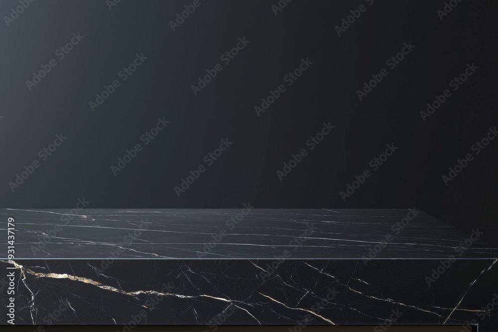 Sticker Mock-up of a black marble table countertop on a black background, and montage your products on it