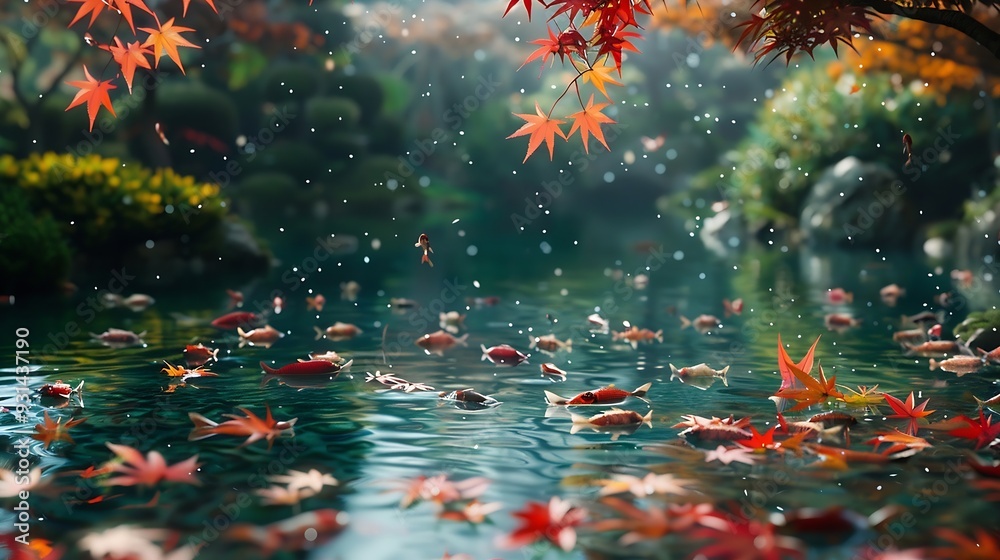 Poster A Japanese garden with a Japanese maples on the forgetting and background sure surrounding a carp lake : Generative AI