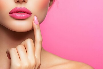 An attractive model shows how to do a french manicure. Cosmetics, beauty, makeup, and nail care skills are displayed.