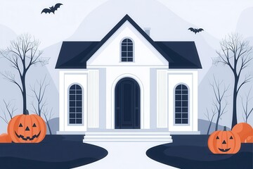A cartoon Halloween illustration with pumpkins, bats, and a spooky house, perfect for a festive October celebration