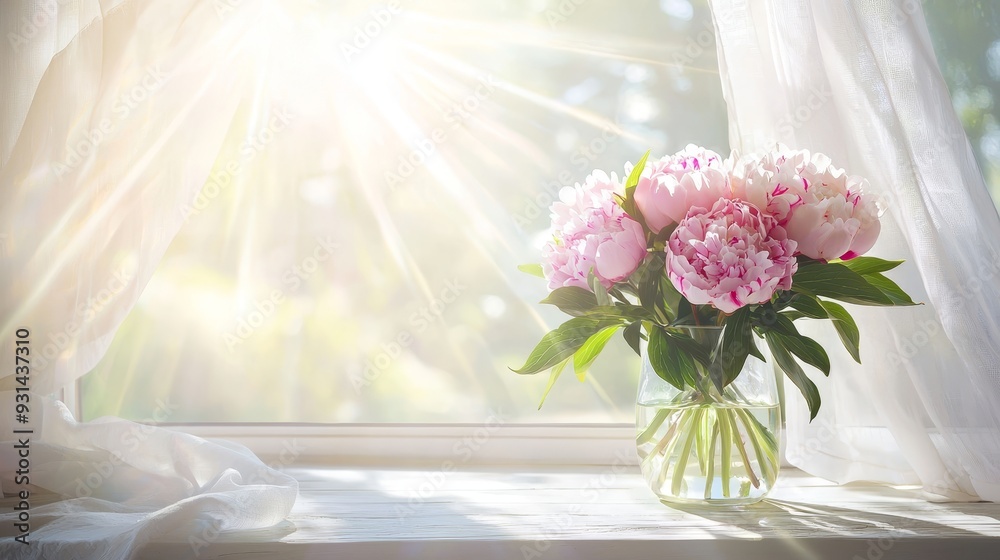 Poster an arrangement of pink and white peonies in a vase placed on a windowsill in the sun, with a white b