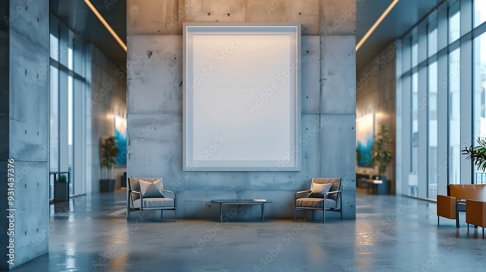 Poster corporate branding identity logo display white blank frame mockup with modern business offices reception background as banner with copy space area mock up : Generative AI