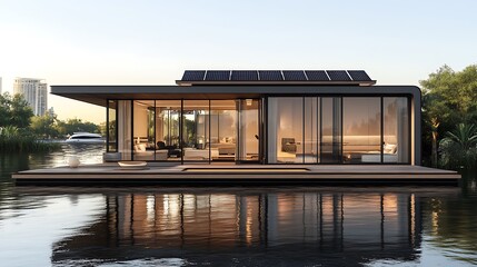 Obraz premium Modern floating house with solar panels on the roof.