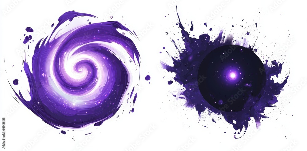 Aufkleber Abstract purple particle effect, swirling particles visual effect layer overlay isolated black and transparent