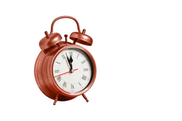 retro clock, pointer clock, brown color alarm clock on isolated white background close up