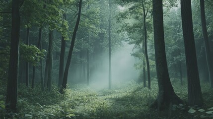 Obraz premium A serene forest with a gentle mist hovering over the ground. The fog creates a dreamy,