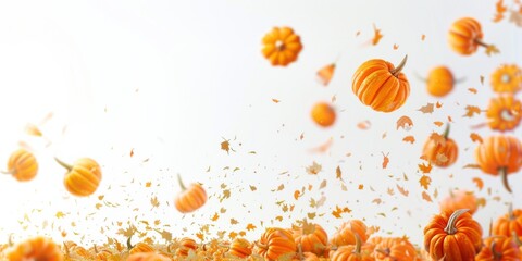 Flying Pumpkins with Autumn Leaves on a White Background