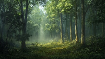 Naklejka premium A serene forest with a gentle mist hovering over the ground. The fog creates a dreamy,