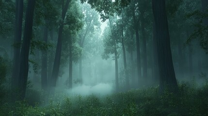 Obraz premium A serene forest with a gentle mist hovering over the ground. The fog creates a dreamy,