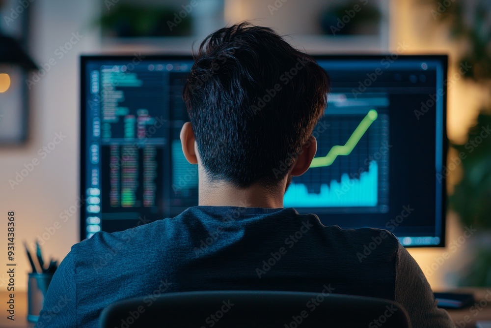 Aufkleber Analyzing data on a computer screen with colorful bar charts in a modern office by a focused man