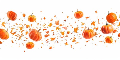Flying Pumpkins with Autumn Leaves on a White Background. Fall background.
