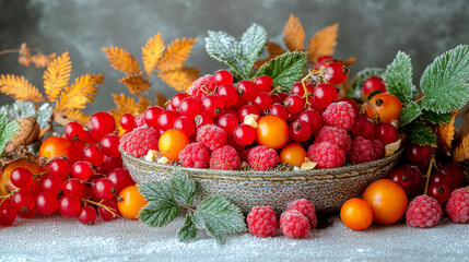 Freshly harvested berries and autumn leaves arranged in a rustic bowl on a textured surface