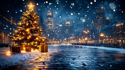 Obraz premium Snow falling on a decorated Christmas tree with gifts at night in a cityscape