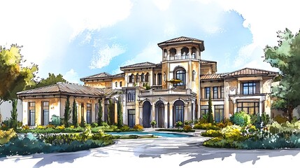 Obraz premium Watercolor Sketch of a Luxury Mediterranean Villa with a Swimming Pool.