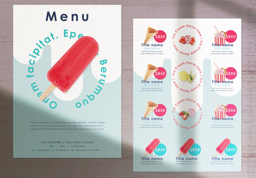 A4 Double-Sided Ice Cream Shop Menu Layout