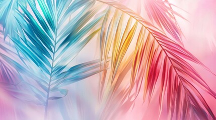 A pastel pink and teal background with tropical palm leaves