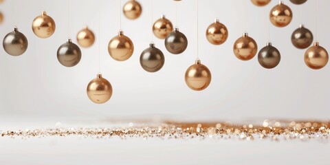 Hanging Gold Christmas Baubles with Sparkling Accents. Christmas background.