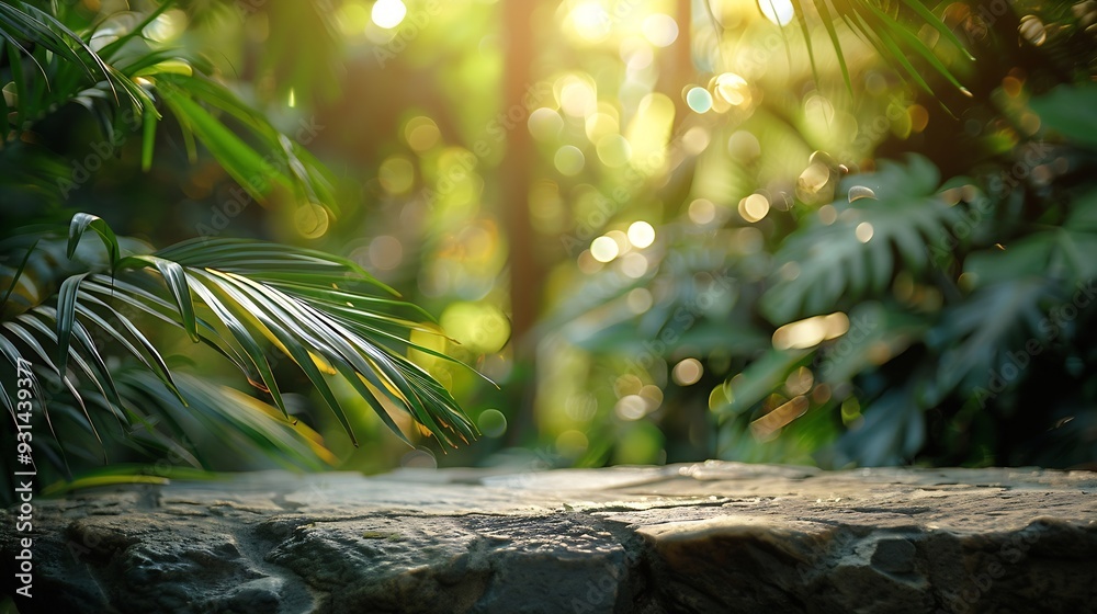 Poster stone table top in jungle forest with blur palm tree natural tropical scene for organic product plac