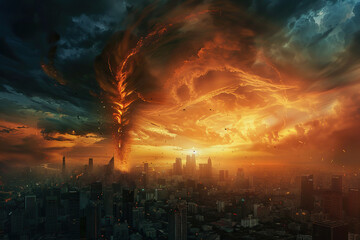 Generative ai on theme of scary huge hurricane fire tornado, apocalyptic dramatic background