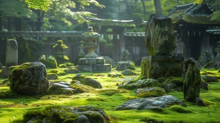 Serene garden landscape with moss-covered stones and lush greenery, illuminated by soft sunlight in a tranquil setting.