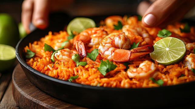 Delicious shrimp and lime rice served in a skillet with fresh parsley in a cozy kitchen setting