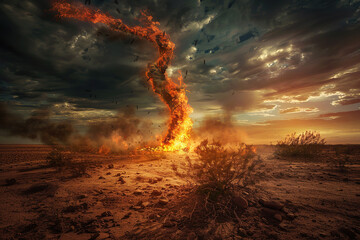 Generative ai on theme of scary huge hurricane fire tornado, apocalyptic dramatic background