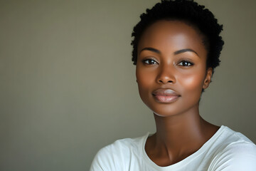 African American woman with her natural beauty and natural curls, looking in the camera and smiling