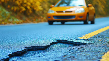 Yellow car approaches a deep pothole on a rural road surrounded by autumn foliage during daylight