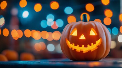 A carved pumpkin with a smiling face illuminated at a nighttime Halloween celebration.