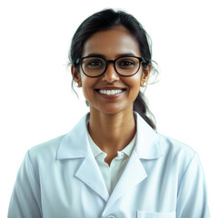 Scientist surgeon physician doctor pharmacist chemist  forensic female Indian smile eyeglasses isolated transparent background