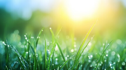 Fototapeta premium A serene summer morning with dew-covered grass and a clear blue sky. The sun is just beginning