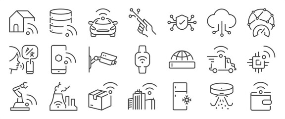 iOT icon set. It included online, device, internet of things, smart, ai, and more icons. Editable Vector Stroke.
