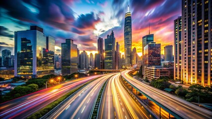 Fototapeta premium Cities ignite with kinetic energy as blurred motion, long-exposure photography, and diverse viewpoints converge, infusing the urban landscape with a kaleidoscope of colors, sounds, and textures.