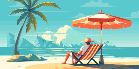 A person enjoys leisure time on a beach chair beneath an umbrella, gazing at the serene ocean views. Relaxing beach scene with a man under an umbrella by the ocean, vector illustration.