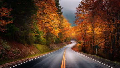 Fototapeta premium COUNTRY ROAD IN FALL AUTUMN - Dramatic, moody scene of rural highway running through beautiful forest landscape. Orange and green foliage colors. 