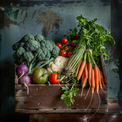 Fresh and organic vegetables in a wooden table with natural light 