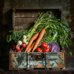 Fresh and organic vegetables in a wooden table with natural light 